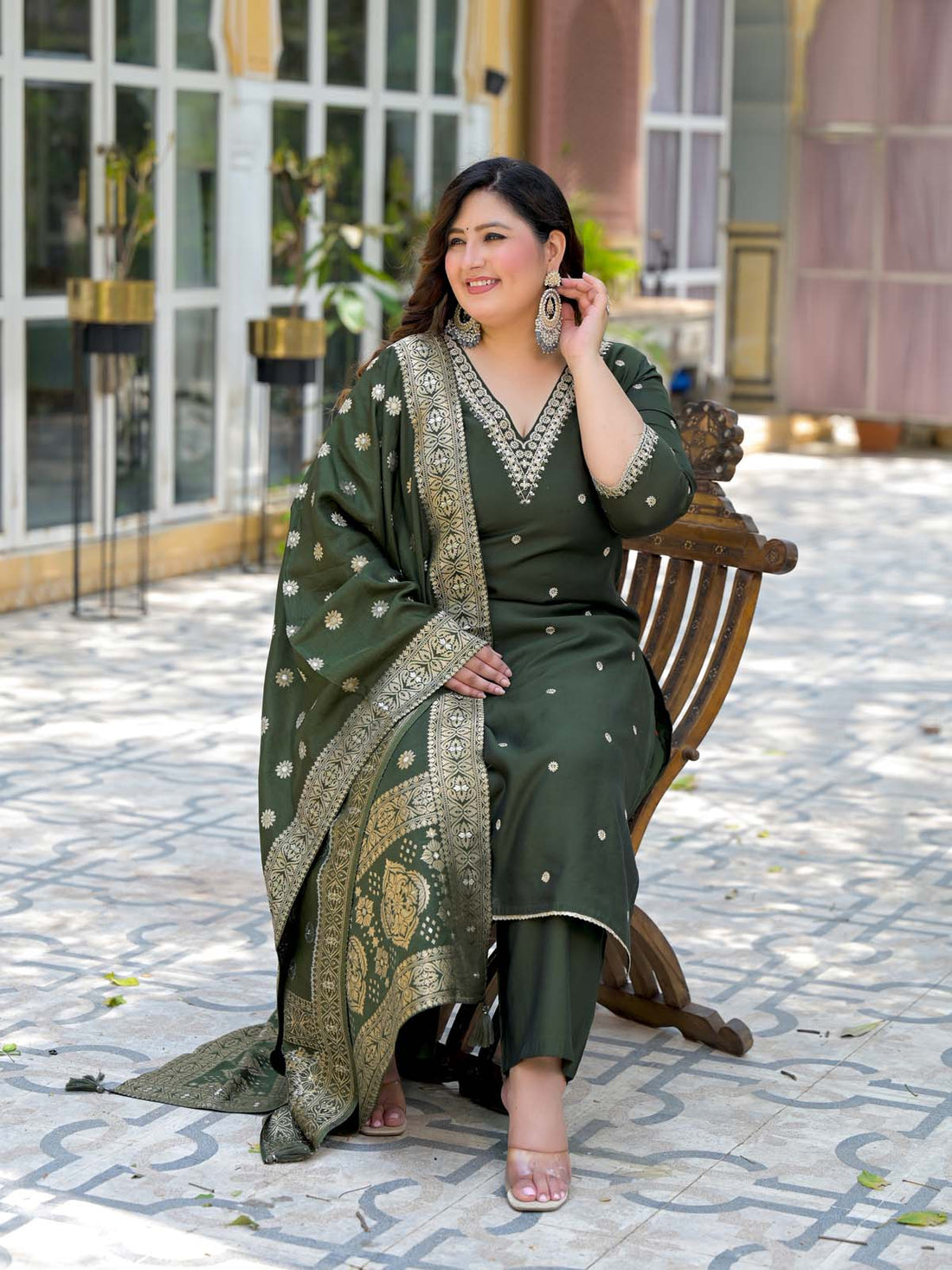 Label Khoj Women Roman Silk Embroidery  Work Mehndi Color Kurta & Bottom With Dupatta  Set