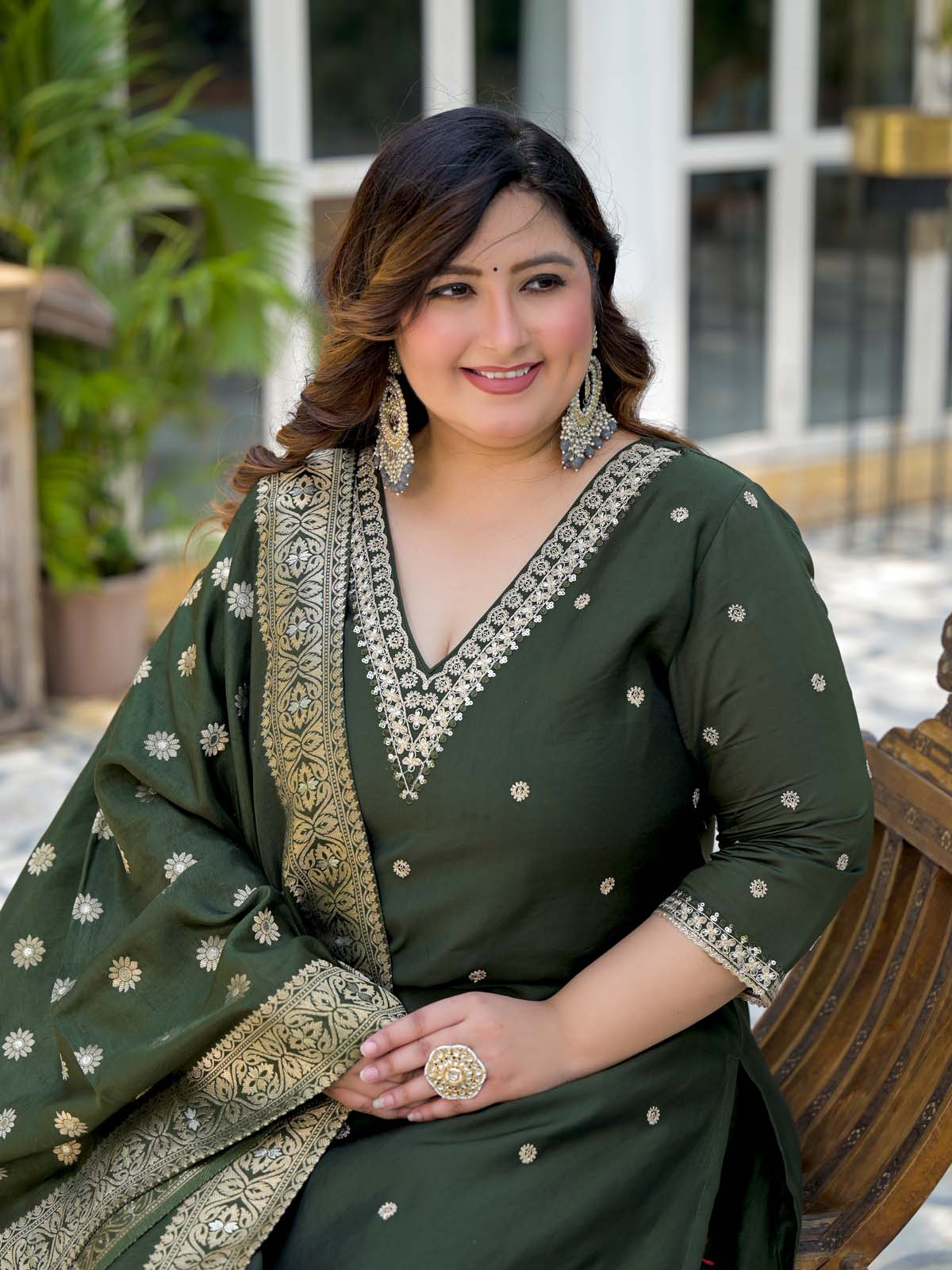 Label Khoj Women Roman Silk Embroidery  Work Mehndi Color Kurta & Bottom With Dupatta  Set