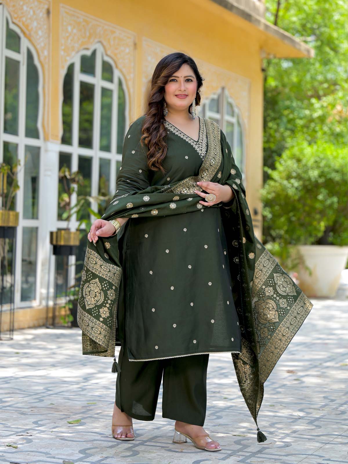 Label Khoj Women Roman Silk Embroidery  Work Mehndi Color Kurta & Bottom With Dupatta  Set