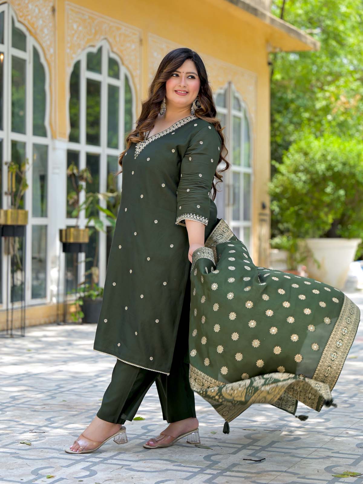 Label Khoj Women Roman Silk Embroidery  Work Mehndi Color Kurta & Bottom With Dupatta  Set