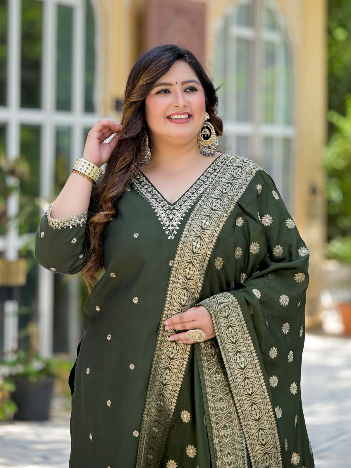 Label Khoj Women Roman Silk Embroidery  Work Mehndi Color Kurta & Bottom With Dupatta  Set