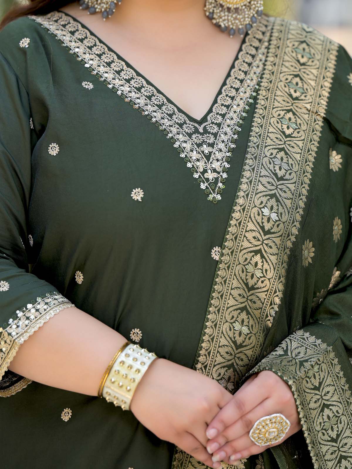 Label Khoj Women Roman Silk Embroidery  Work Mehndi Color Kurta & Bottom With Dupatta  Set
