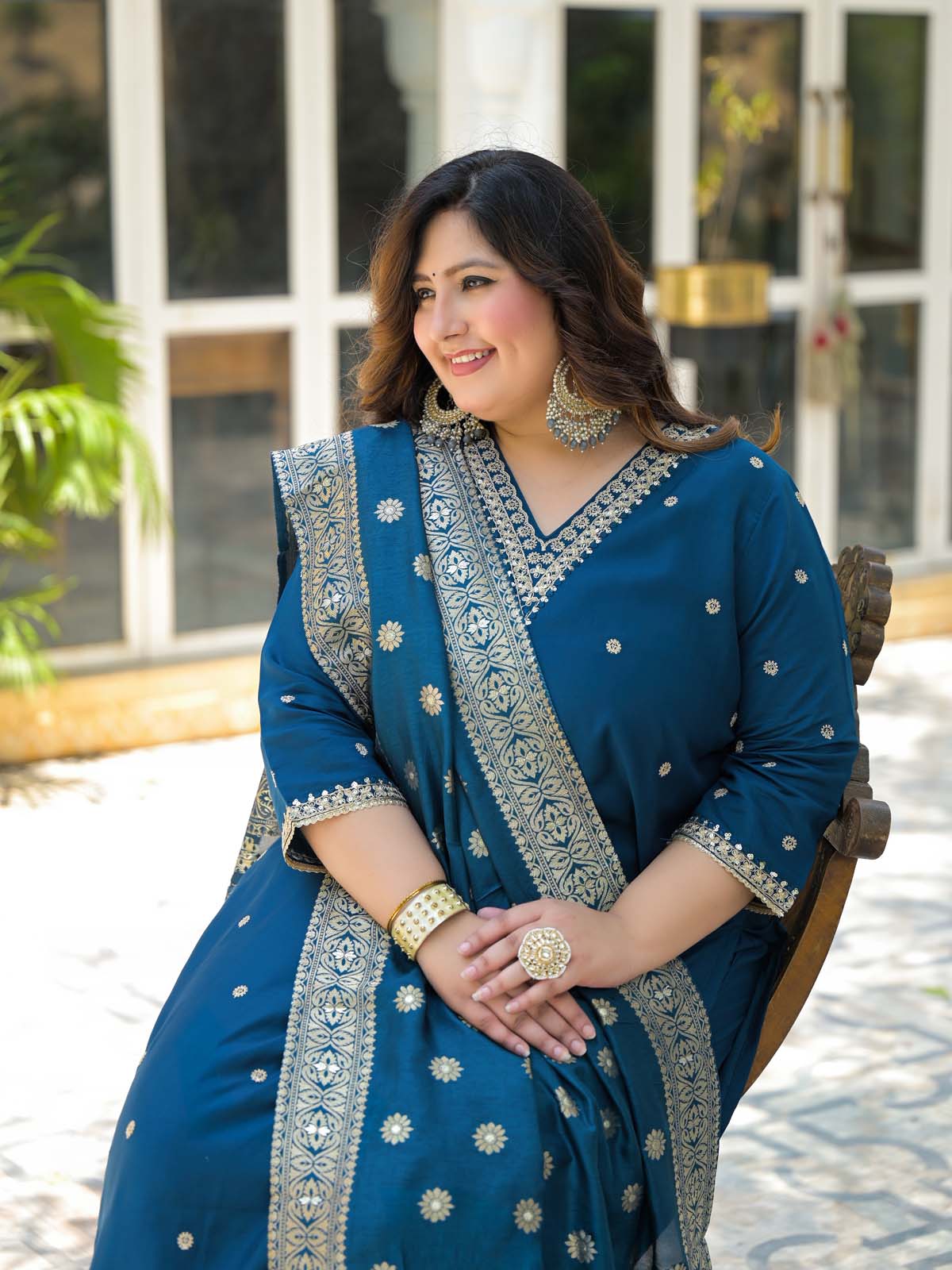 Label Khoj Women Roman Silk Embroidery  Work Blue Color Kurta & Bottom With Dupatta  Set