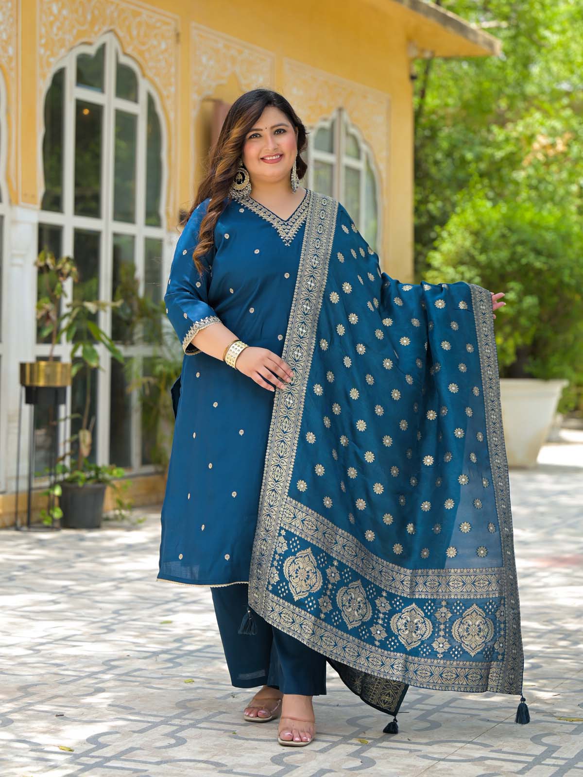 Label Khoj Women Roman Silk Embroidery  Work Blue Color Kurta & Bottom With Dupatta  Set
