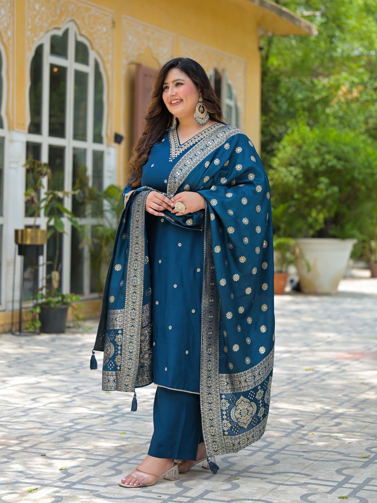 Label Khoj Women Roman Silk Embroidery  Work Blue Color Kurta & Bottom With Dupatta  Set