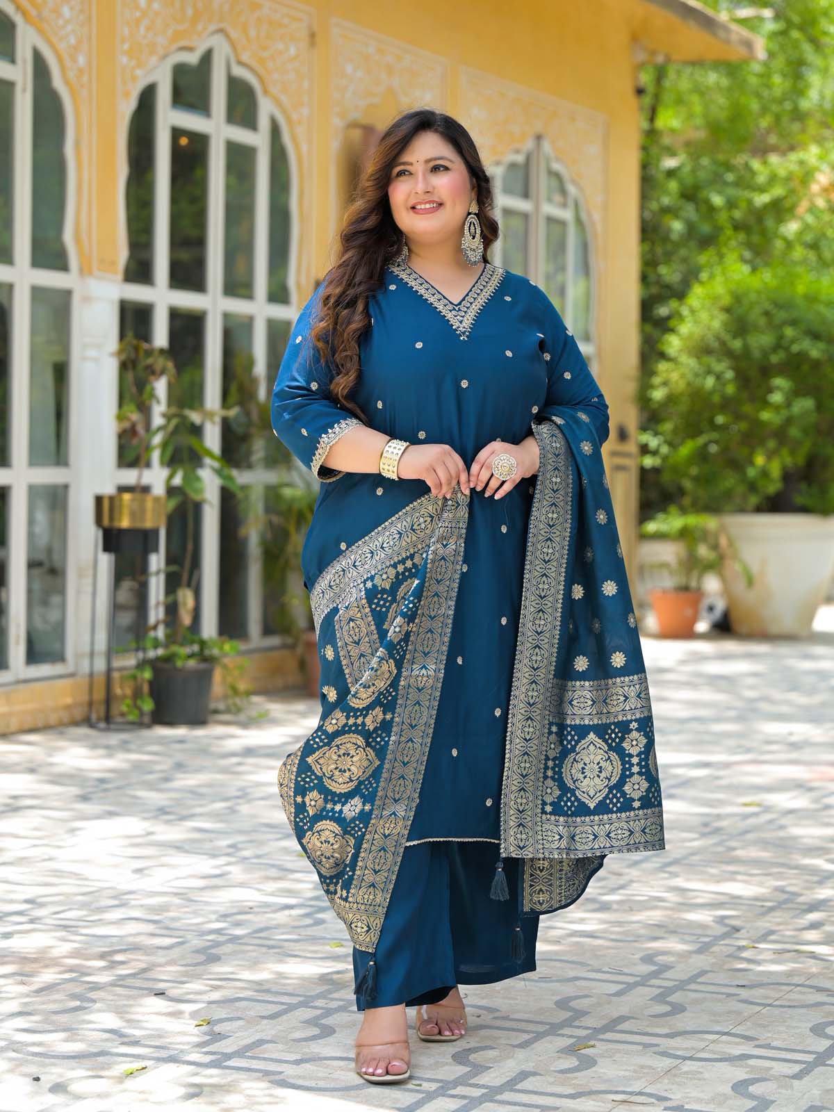 Label Khoj Women Roman Silk Embroidery  Work Blue Color Kurta & Bottom With Dupatta  Set