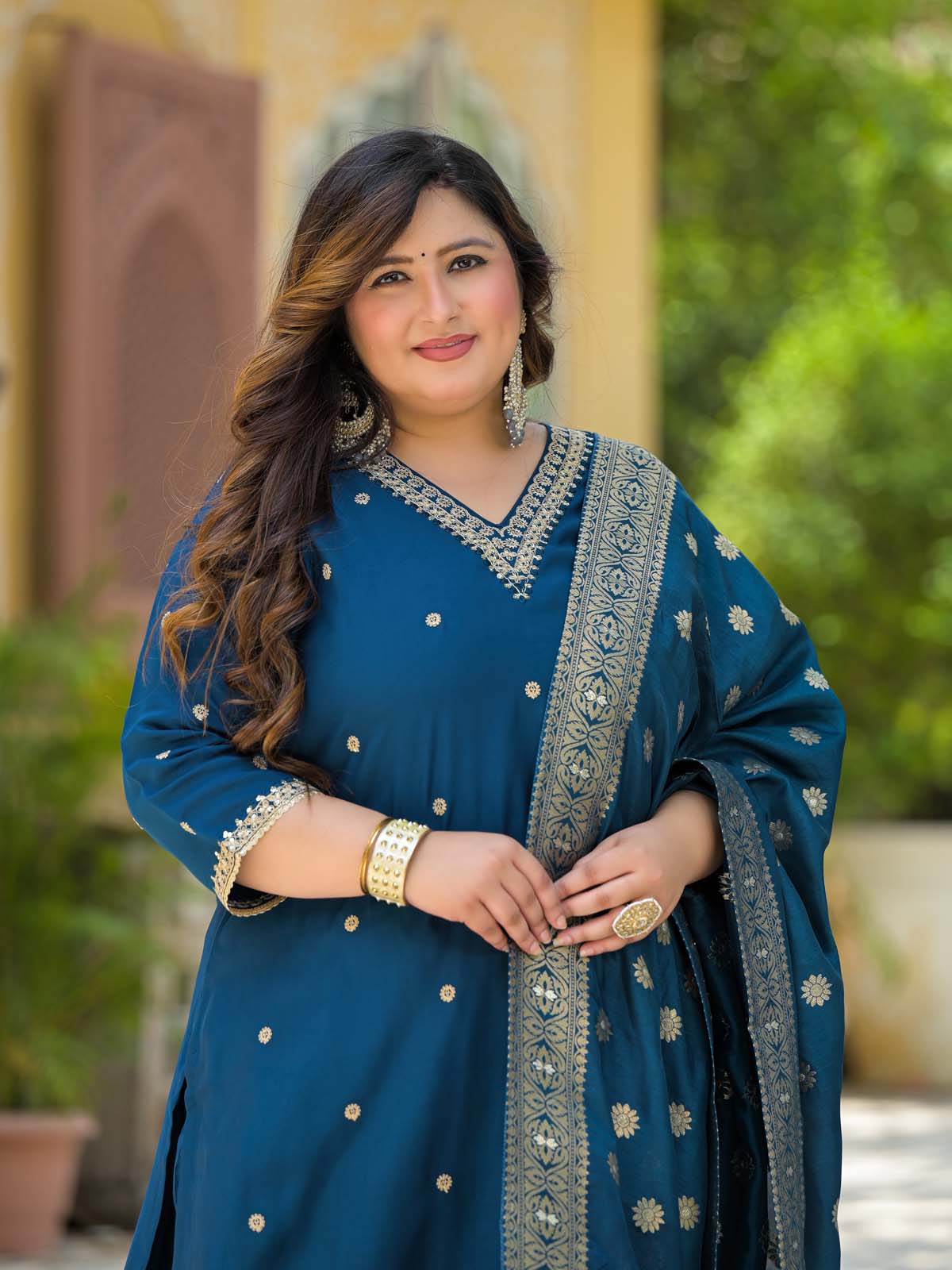 Label Khoj Women Roman Silk Embroidery  Work Blue Color Kurta & Bottom With Dupatta  Set