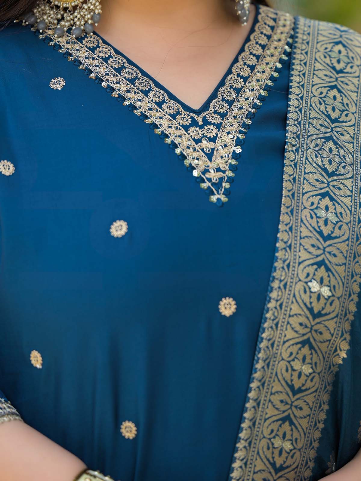 Label Khoj Women Roman Silk Embroidery  Work Blue Color Kurta & Bottom With Dupatta  Set