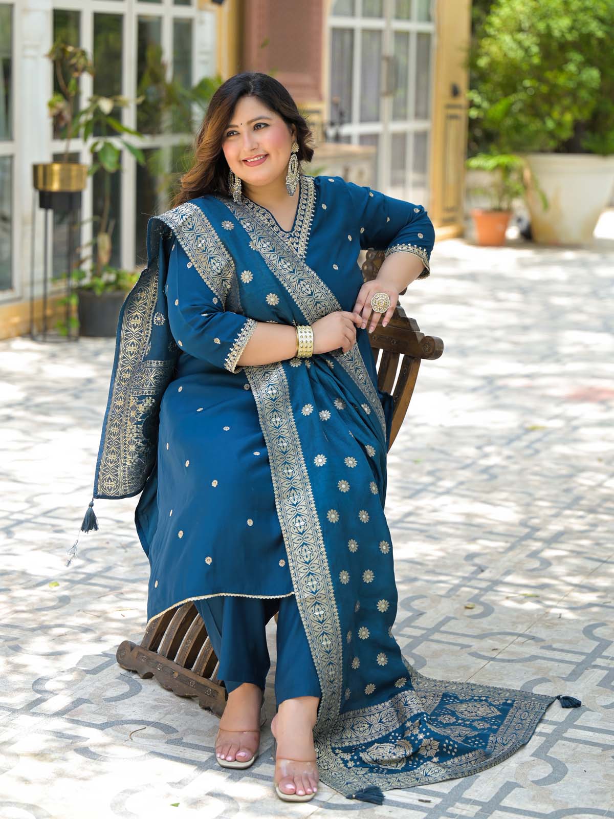 Label Khoj Women Roman Silk Embroidery  Work Blue Color Kurta & Bottom With Dupatta  Set