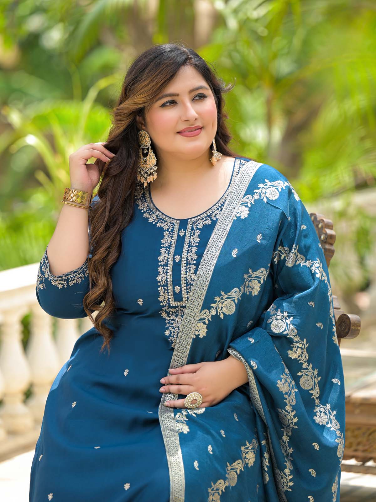Label Khoj Women Roman Silk Embroidery  Work Blue Color Kurta & Bottom With Dupatta  Set
