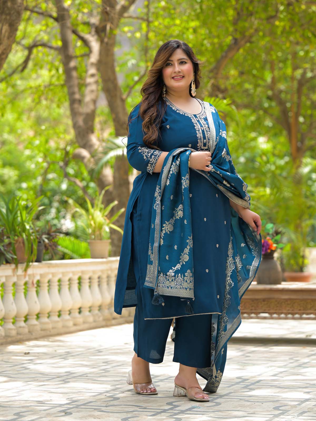 Label Khoj Women Roman Silk Embroidery  Work Blue Color Kurta & Bottom With Dupatta  Set