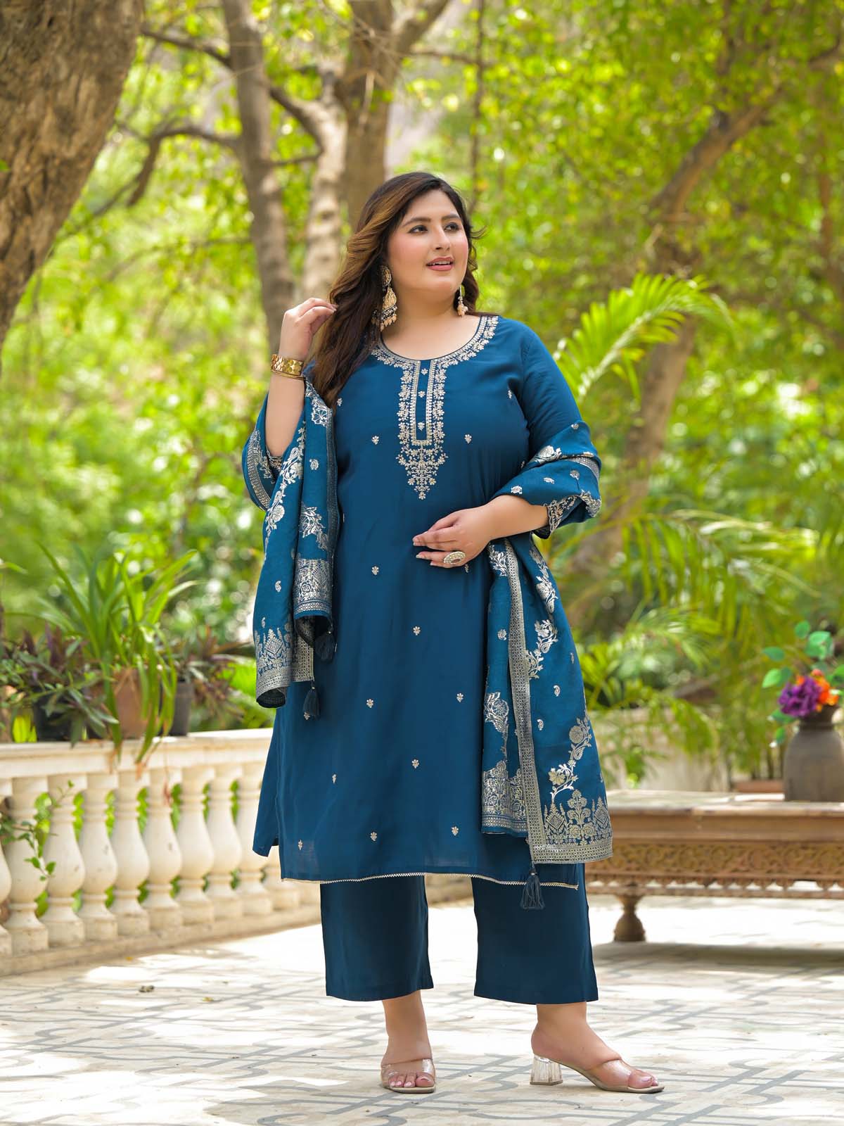 Label Khoj Women Roman Silk Embroidery  Work Blue Color Kurta & Bottom With Dupatta  Set