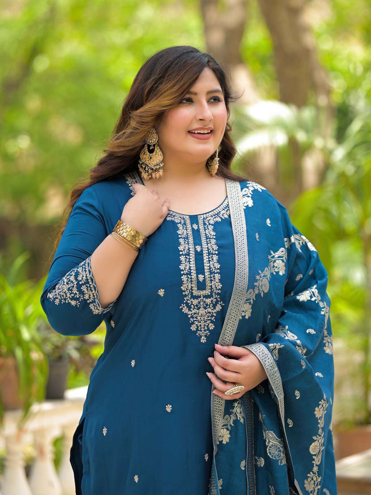 Label Khoj Women Roman Silk Embroidery  Work Blue Color Kurta & Bottom With Dupatta  Set