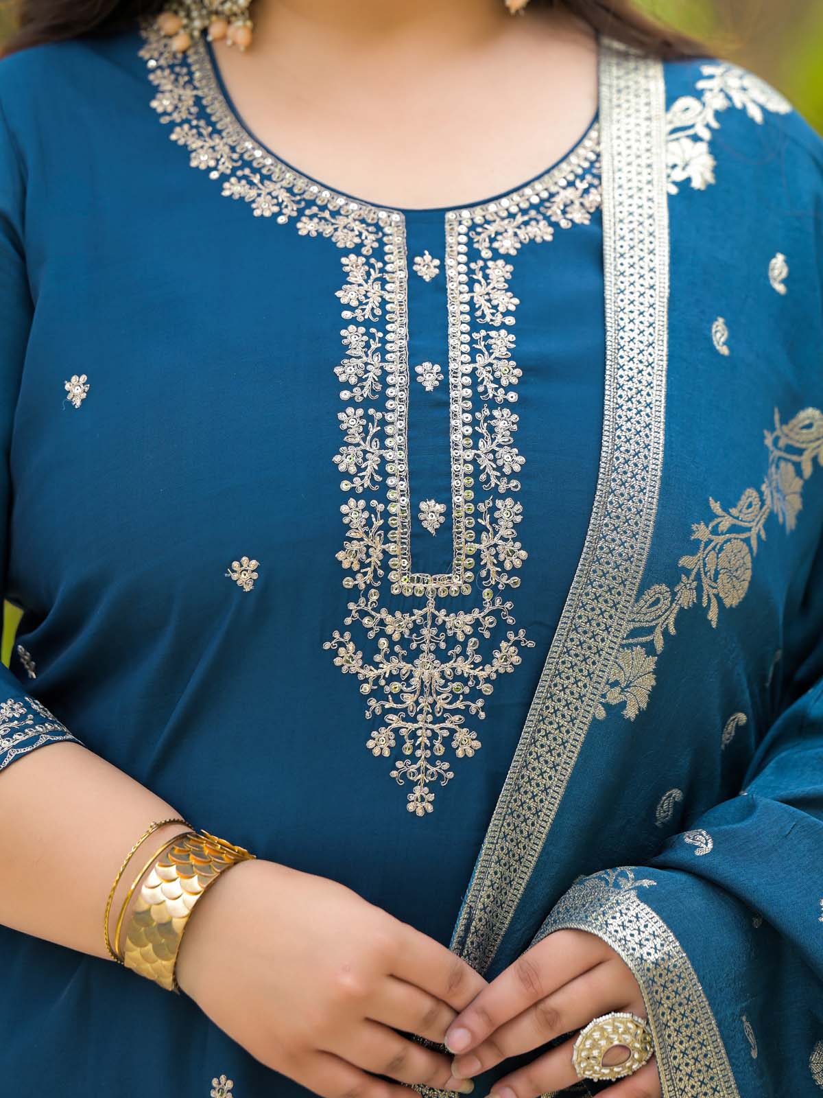 Label Khoj Women Roman Silk Embroidery  Work Blue Color Kurta & Bottom With Dupatta  Set