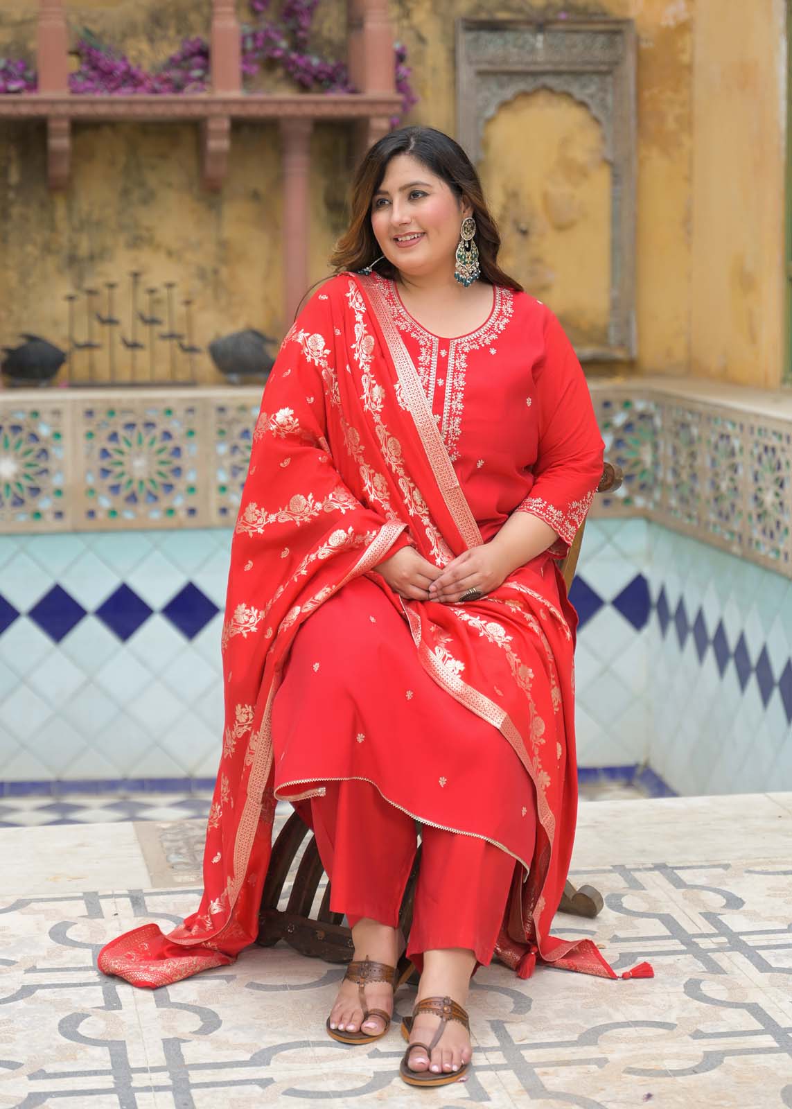 Label Khoj Women Roman Silk Embroidery  Work Red Color Kurta & Bottom With Dupatta  Set
