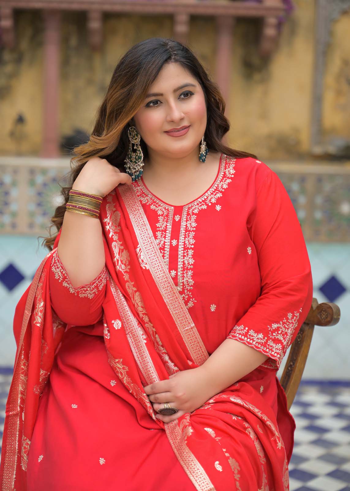 Label Khoj Women Roman Silk Embroidery  Work Red Color Kurta & Bottom With Dupatta  Set