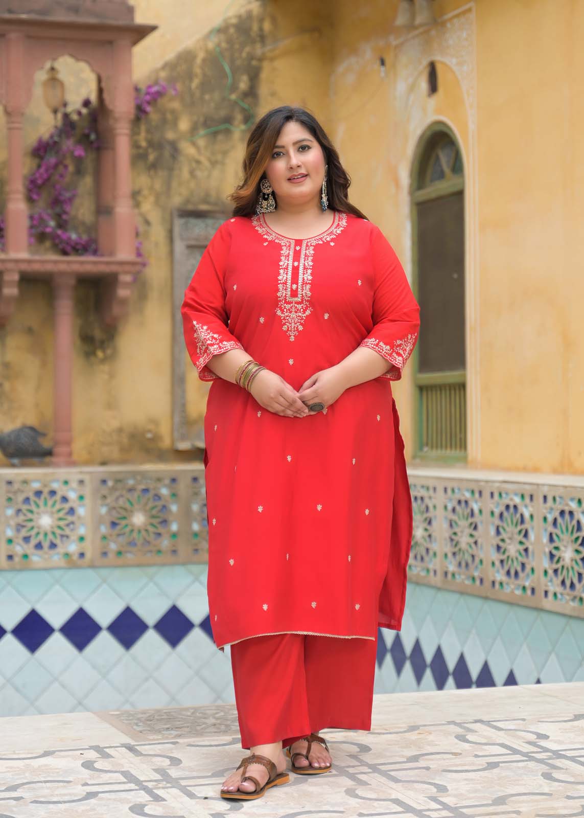 Label Khoj Women Roman Silk Embroidery  Work Red Color Kurta & Bottom With Dupatta  Set