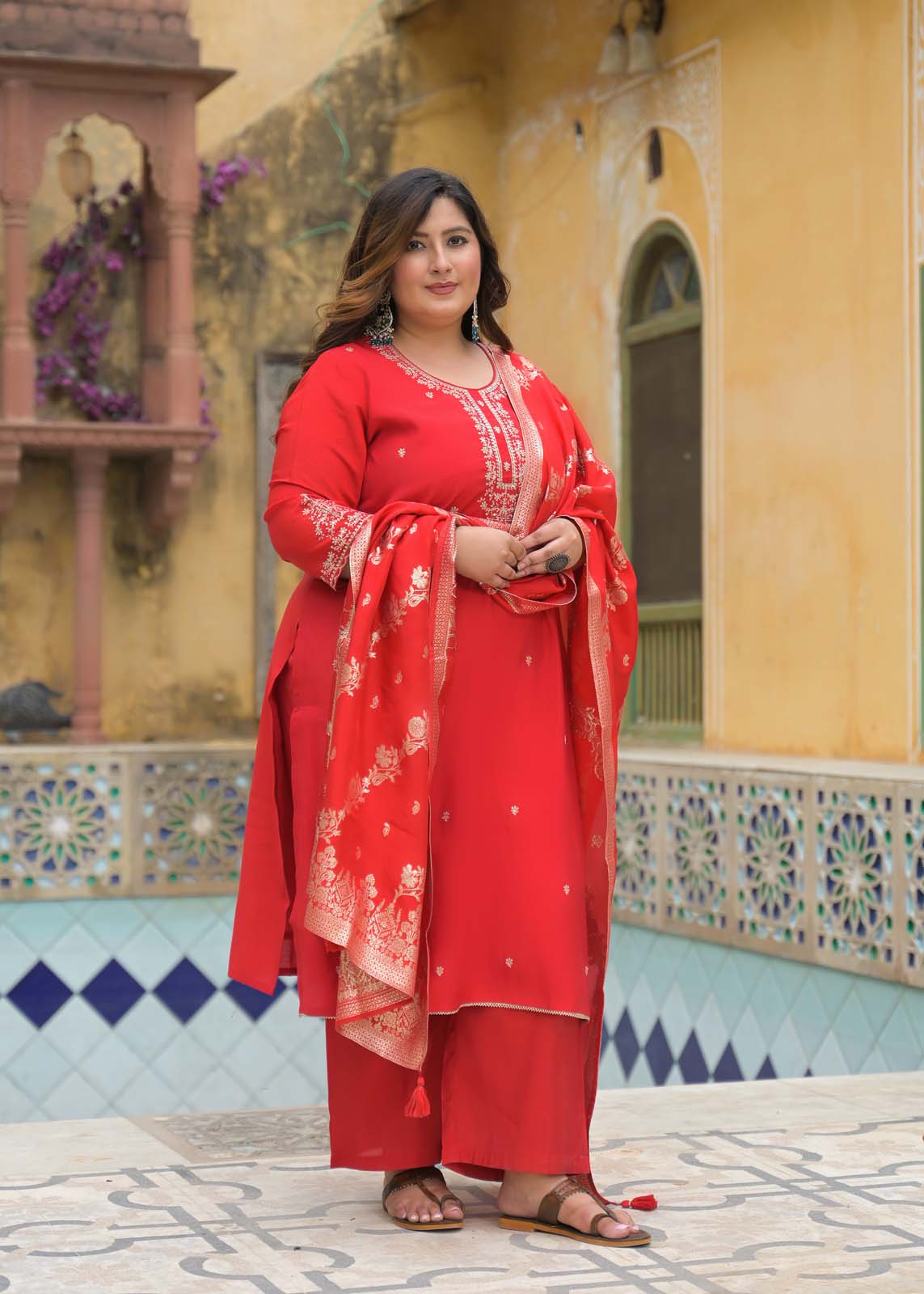 Label Khoj Women Roman Silk Embroidery  Work Red Color Kurta & Bottom With Dupatta  Set