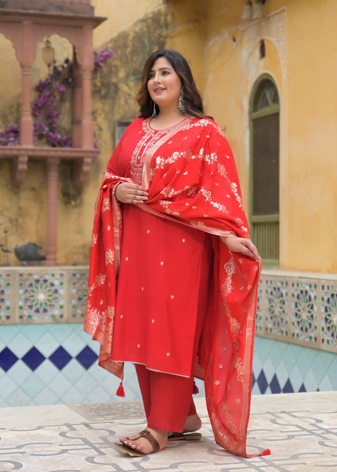 Label Khoj Women Roman Silk Embroidery  Work Red Color Kurta & Bottom With Dupatta  Set