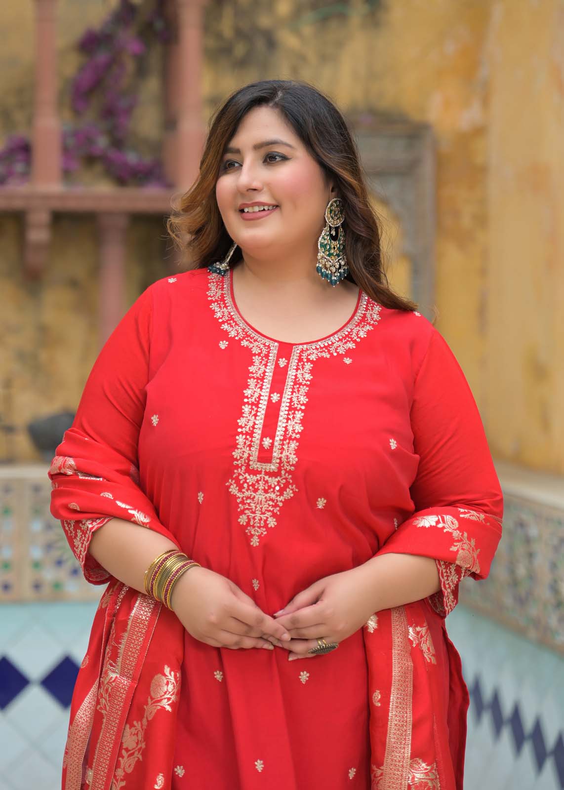 Label Khoj Women Roman Silk Embroidery  Work Red Color Kurta & Bottom With Dupatta  Set