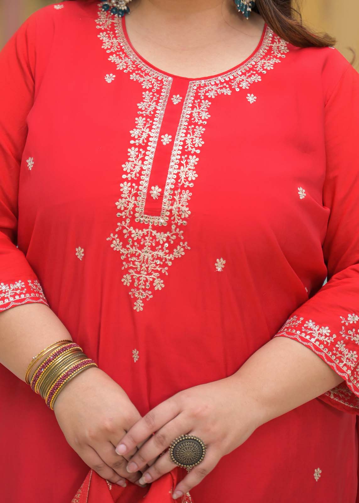 Label Khoj Women Roman Silk Embroidery  Work Red Color Kurta & Bottom With Dupatta  Set