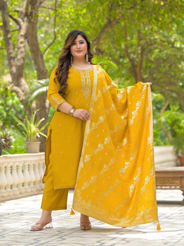 Label Khoj Women Roman Silk Embroidery  Work Yellow Color Kurta & Bottom With Dupatta  Set