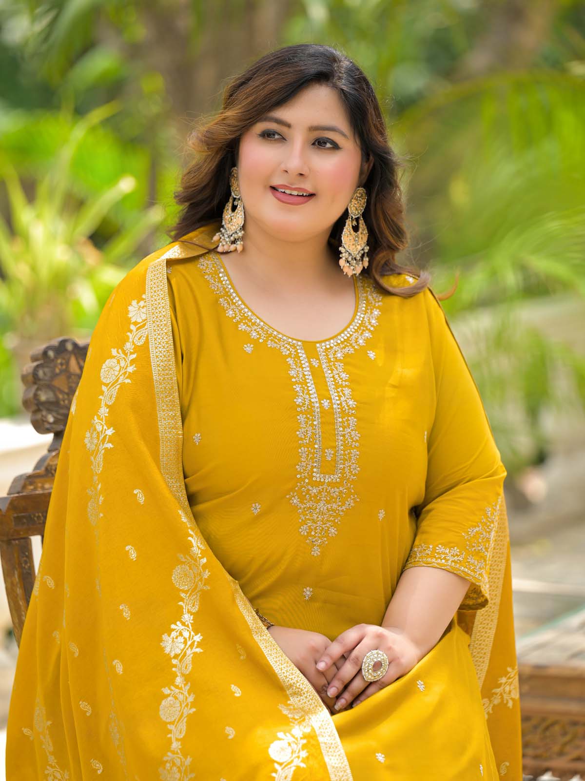 Label Khoj Women Roman Silk Embroidery  Work Yellow Color Kurta & Bottom With Dupatta  Set