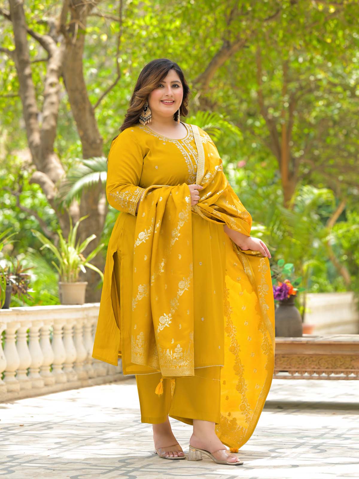 Label Khoj Women Roman Silk Embroidery  Work Yellow Color Kurta & Bottom With Dupatta  Set