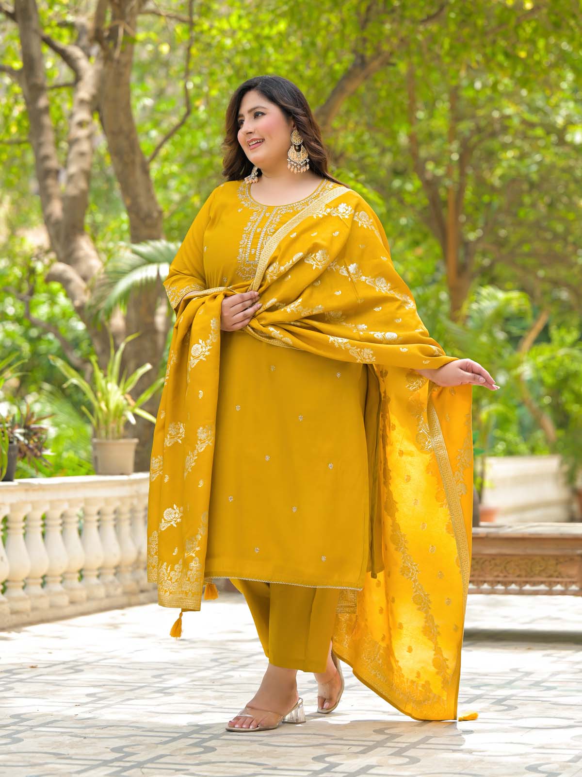 Label Khoj Women Roman Silk Embroidery  Work Yellow Color Kurta & Bottom With Dupatta  Set