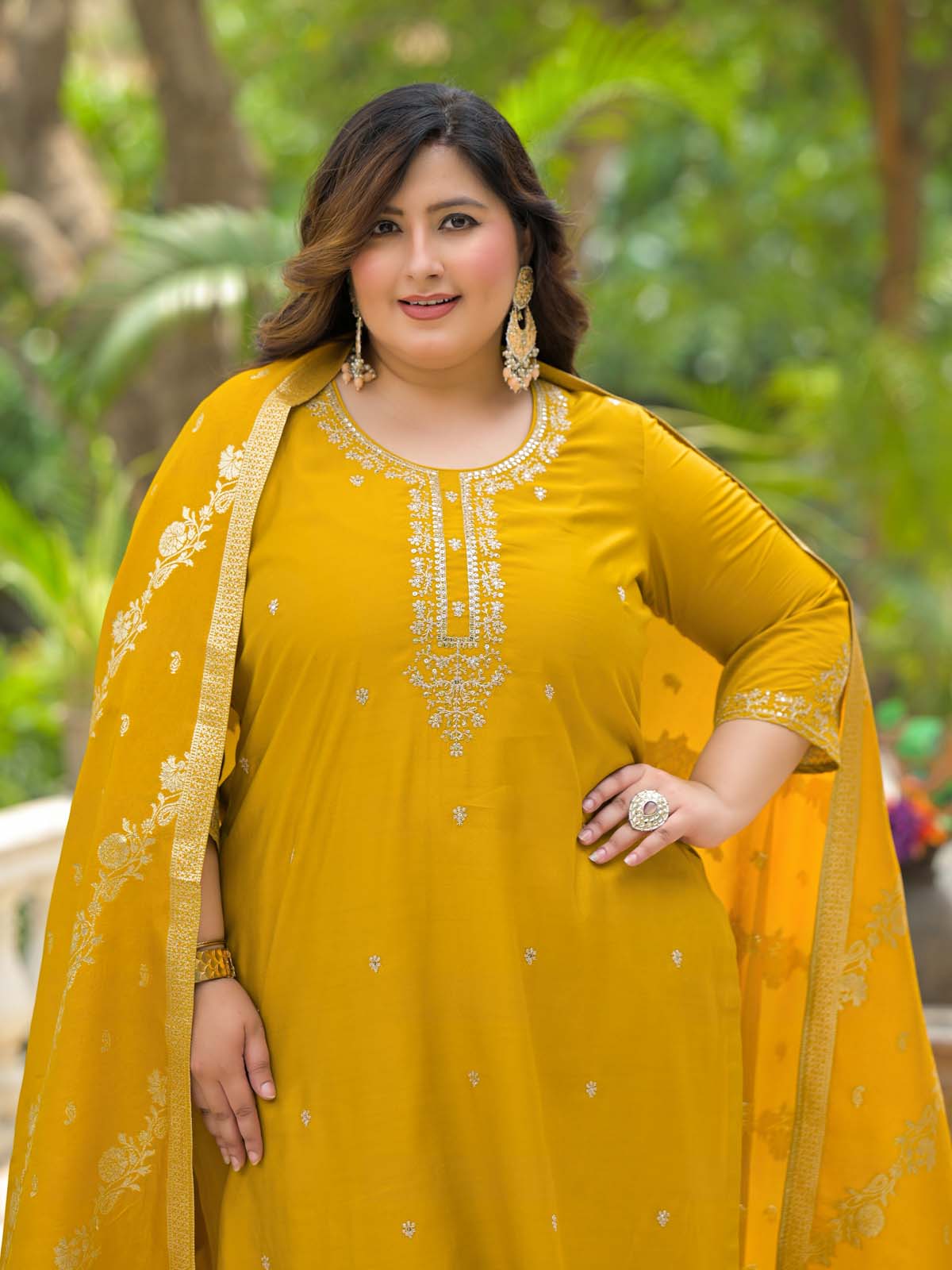 Label Khoj Women Roman Silk Embroidery  Work Yellow Color Kurta & Bottom With Dupatta  Set