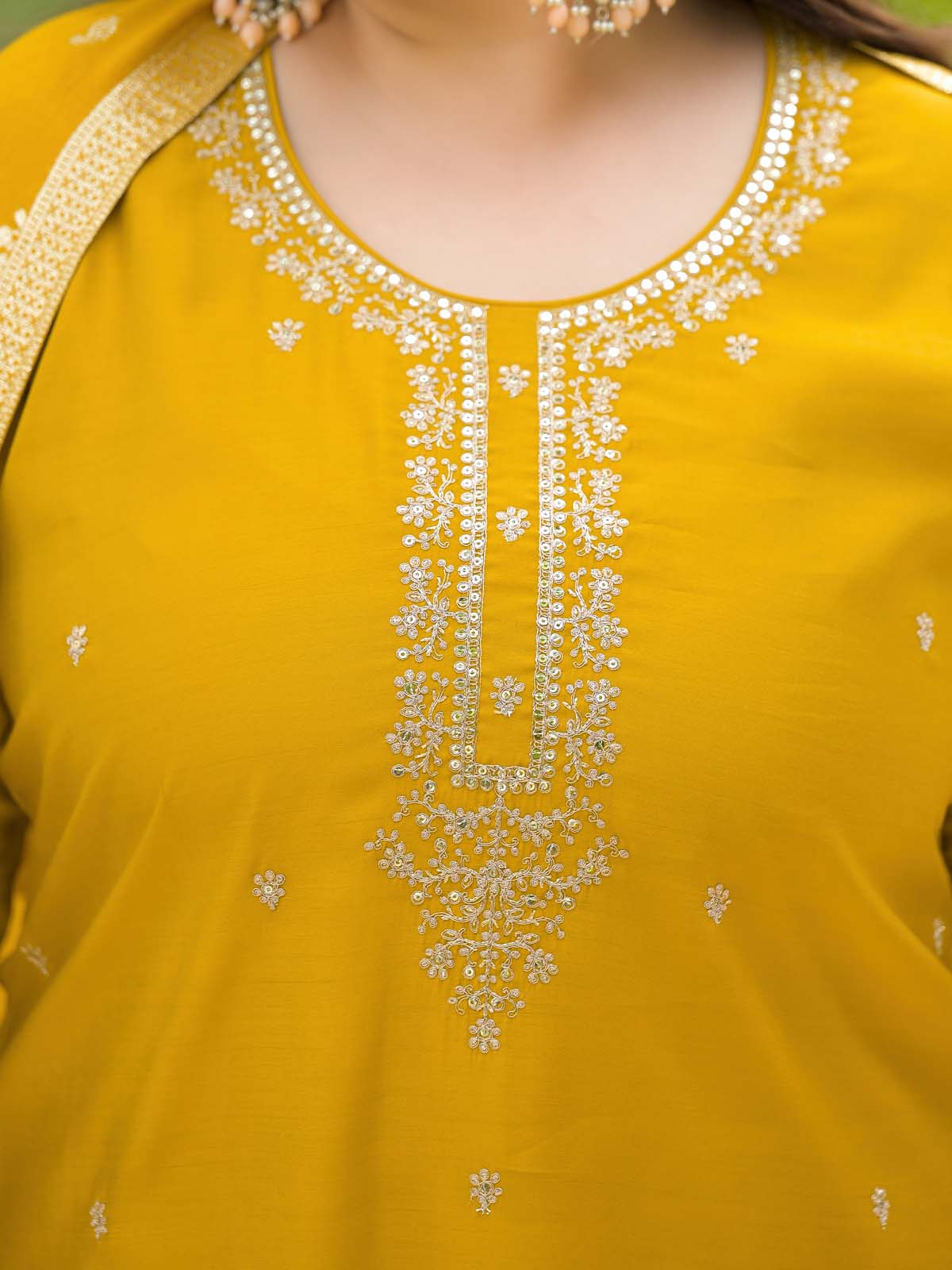 Label Khoj Women Roman Silk Embroidery  Work Yellow Color Kurta & Bottom With Dupatta  Set