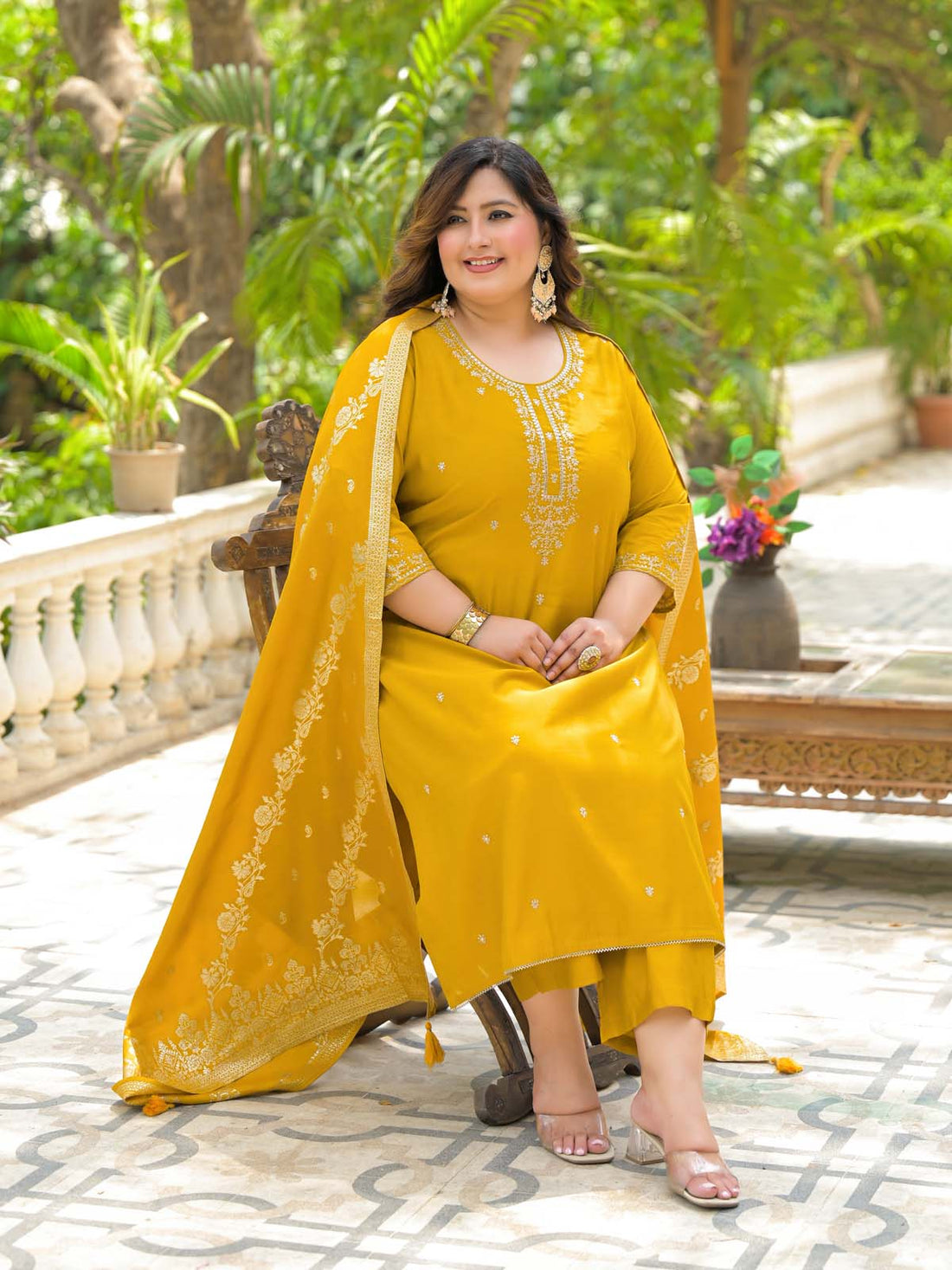 Label Khoj Women Roman Silk Embroidery  Work Yellow Color Kurta & Bottom With Dupatta  Set