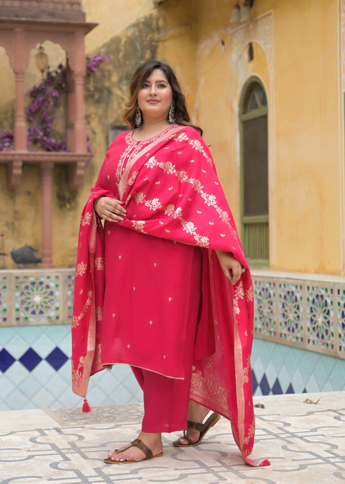 Label Khoj Women Roman Silk Embroidery  Work Rani Color Kurta & Bottom With Dupatta  Set