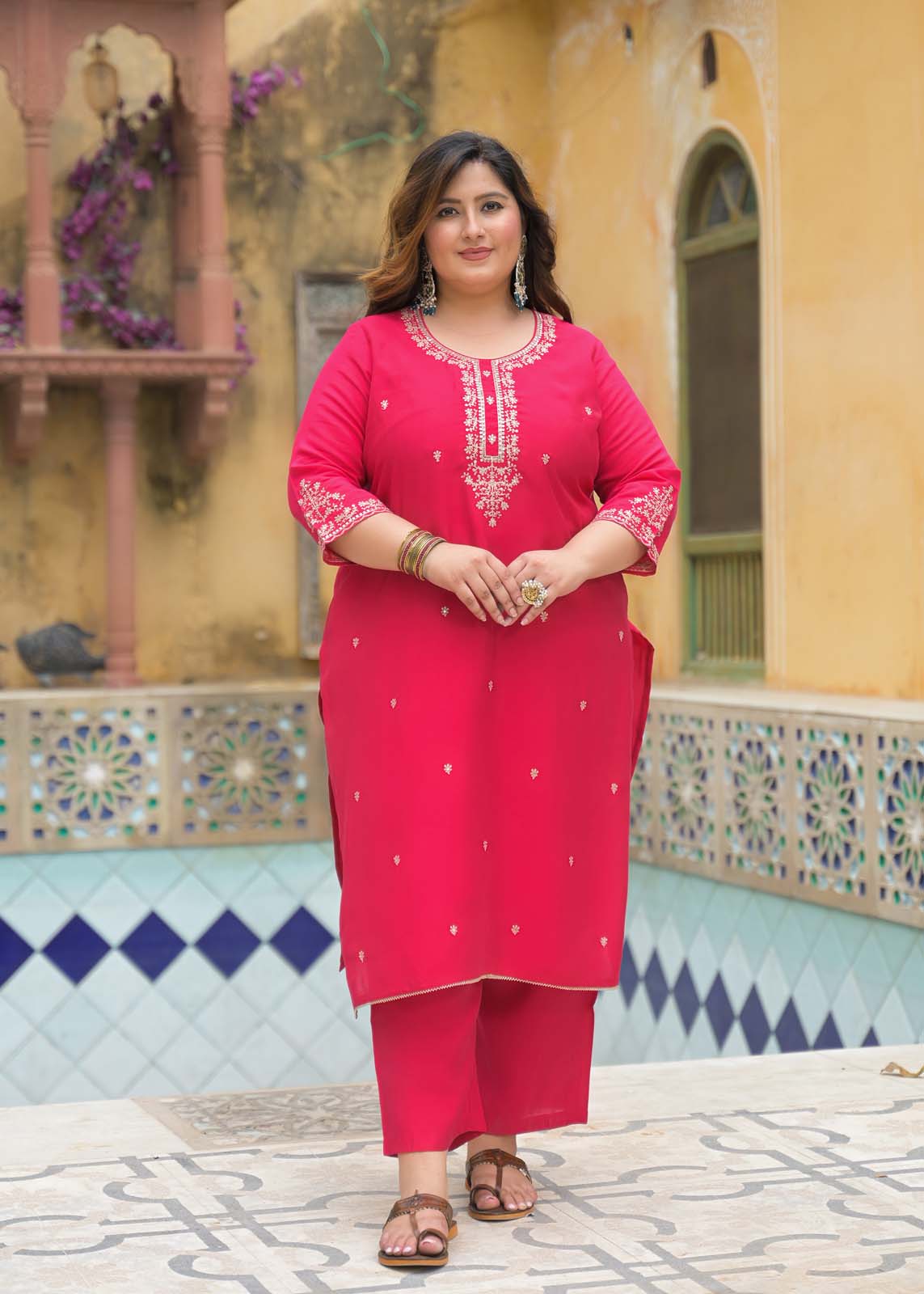 Label Khoj Women Roman Silk Embroidery  Work Rani Color Kurta & Bottom With Dupatta  Set