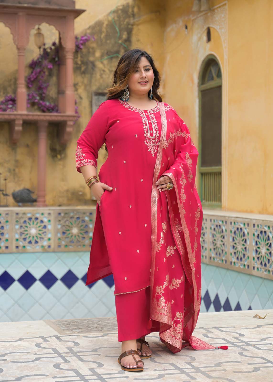 Label Khoj Women Roman Silk Embroidery  Work Rani Color Kurta & Bottom With Dupatta  Set