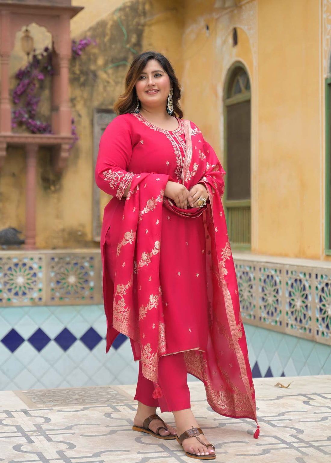 Label Khoj Women Roman Silk Embroidery  Work Rani Color Kurta & Bottom With Dupatta  Set