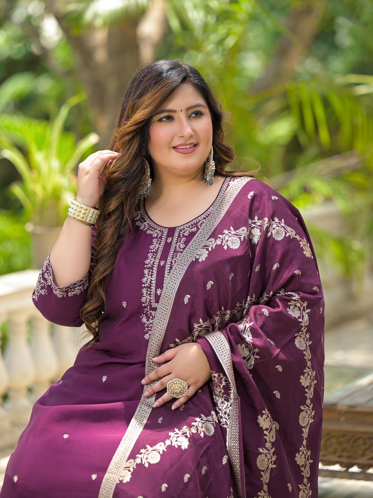 Label Khoj Women Roman Silk Embroidery  Work Voilet Color Kurta & Bottom With Dupatta  Set