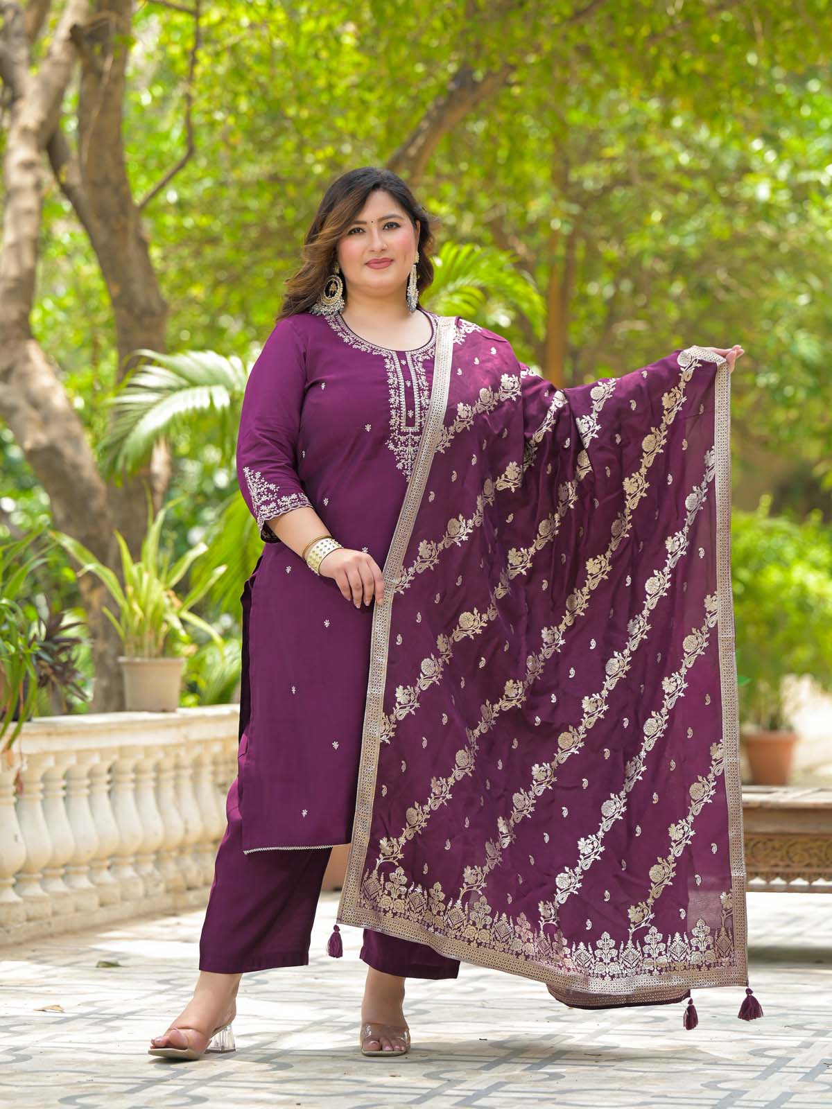 Label Khoj Women Roman Silk Embroidery  Work Voilet Color Kurta & Bottom With Dupatta  Set