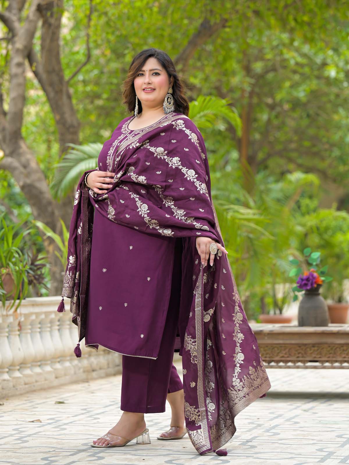 Label Khoj Women Roman Silk Embroidery  Work Voilet Color Kurta & Bottom With Dupatta  Set