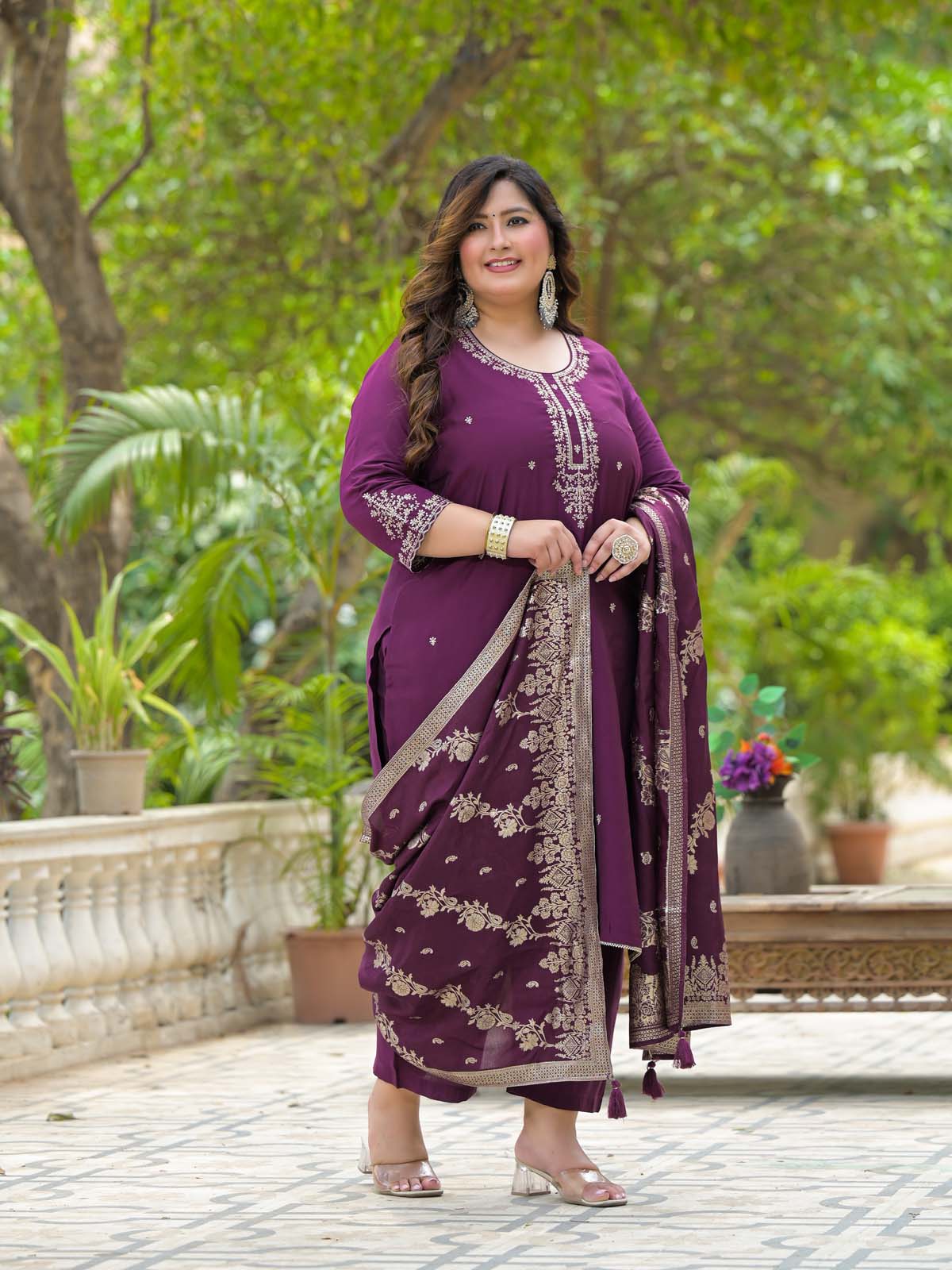 Label Khoj Women Roman Silk Embroidery  Work Voilet Color Kurta & Bottom With Dupatta  Set