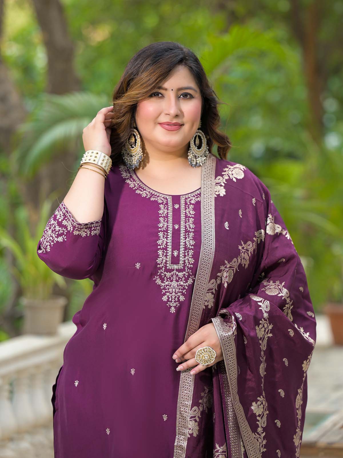 Label Khoj Women Roman Silk Embroidery  Work Voilet Color Kurta & Bottom With Dupatta  Set