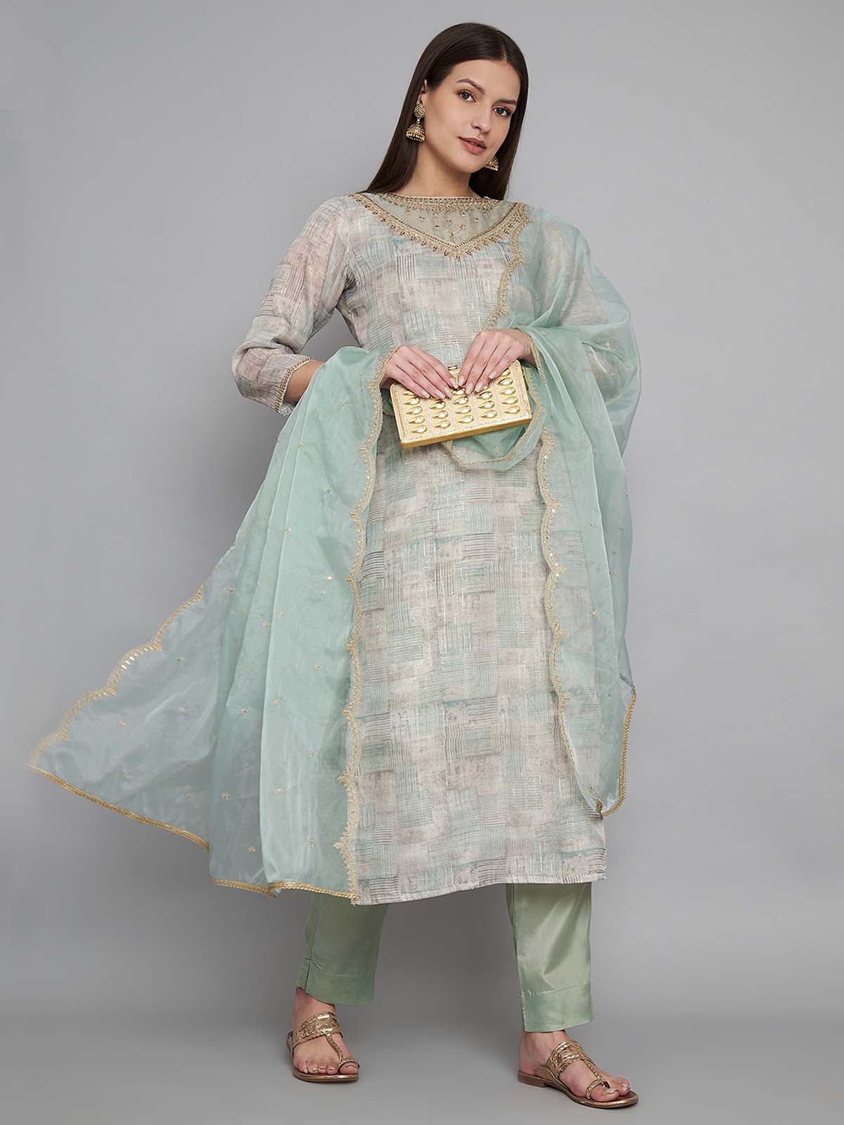Label khoj double neck Kurta with Trousers & With Dupatta