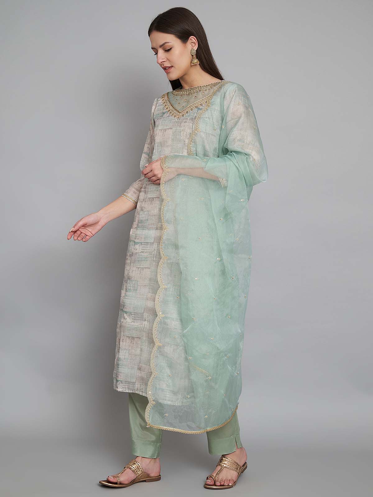 Label khoj double neck Kurta with Trousers & With Dupatta
