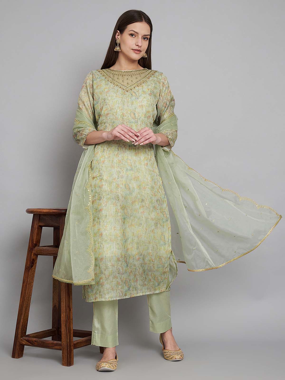 Label khoj double neck Kurta with Trousers & With Dupatta