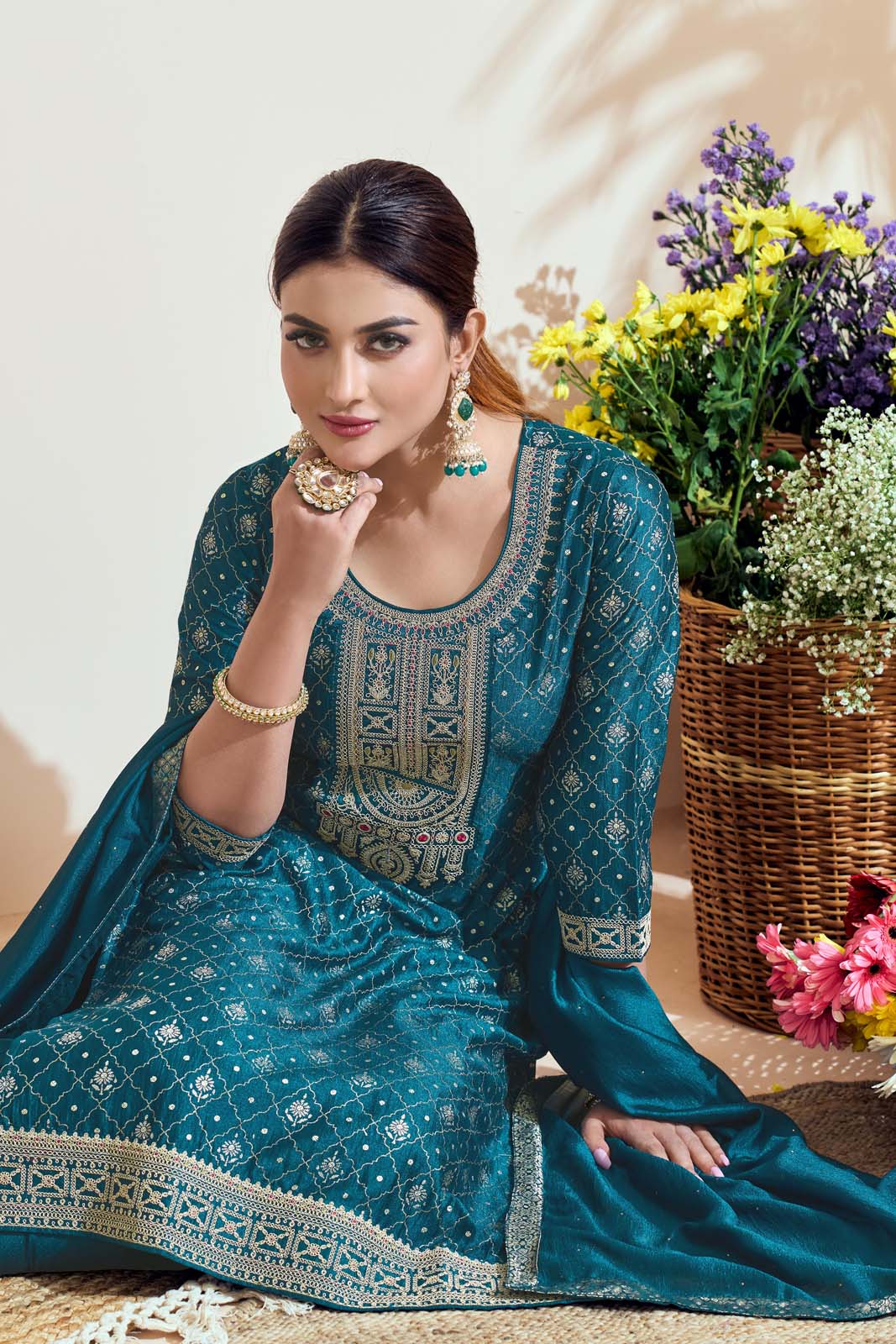 Label Khoj Women Vichitra silk Kurta ,trouser and dupptta set