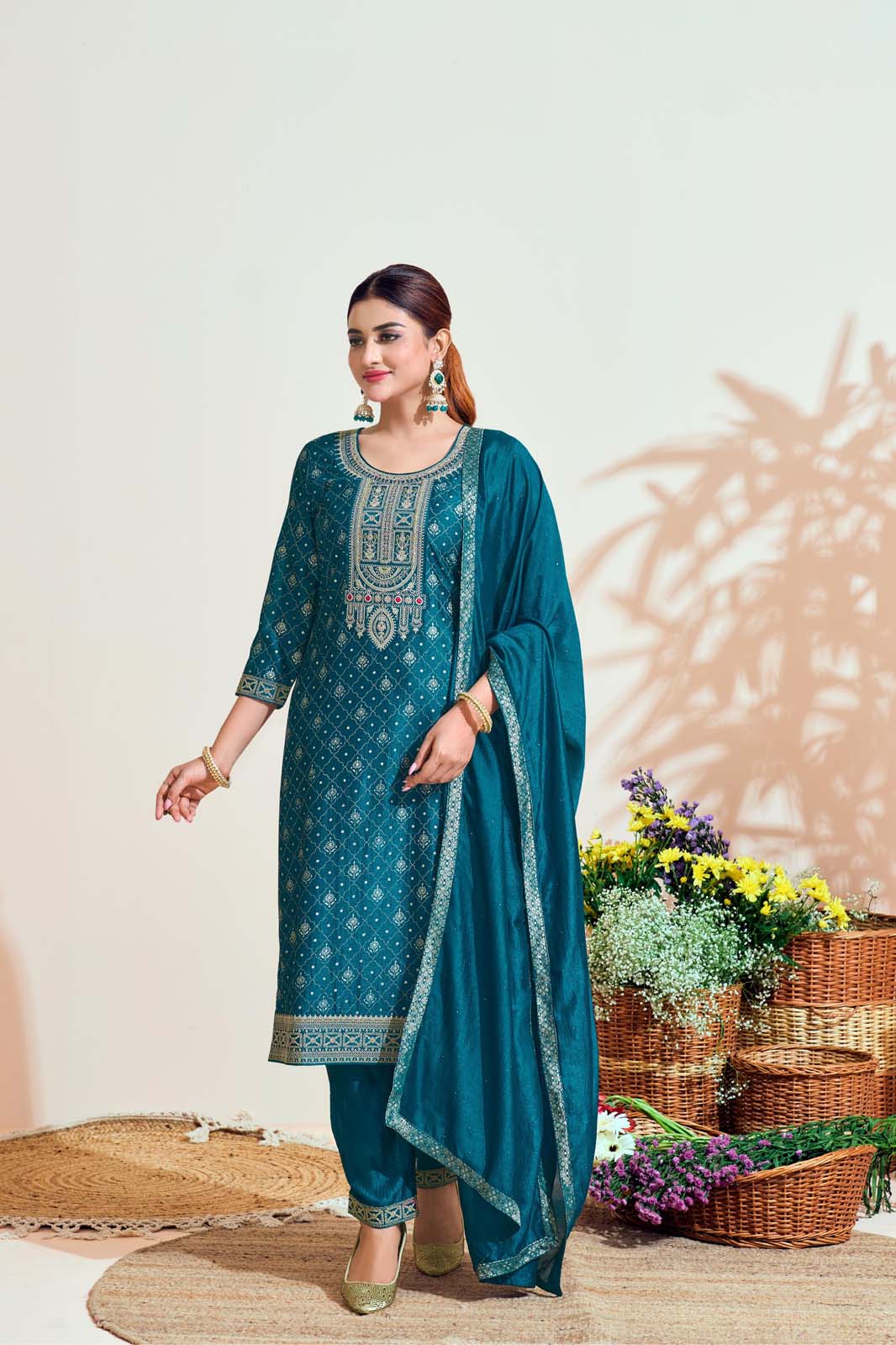 Label Khoj Women Vichitra silk Kurta ,trouser and dupptta set