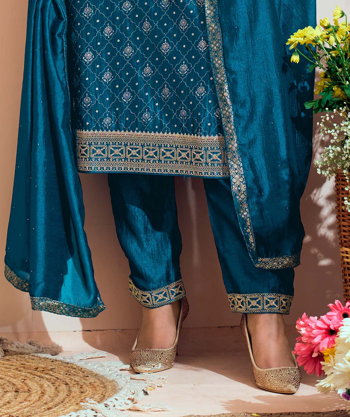 Label Khoj Women Vichitra silk Kurta ,trouser and dupptta set