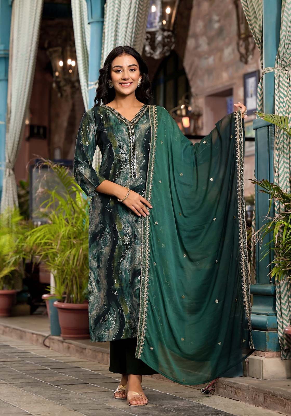 Label Khoj Women Modal silk Kurta ,trouser and dupptta set