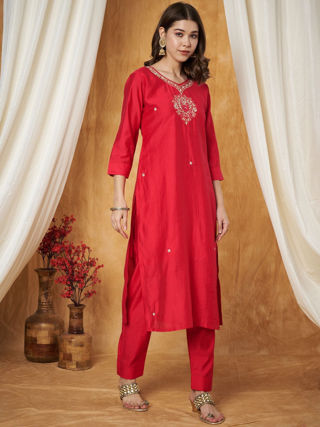 Label Khoj Women's Red Silk Blend Embroidery Kurta with Pant and Dupatta