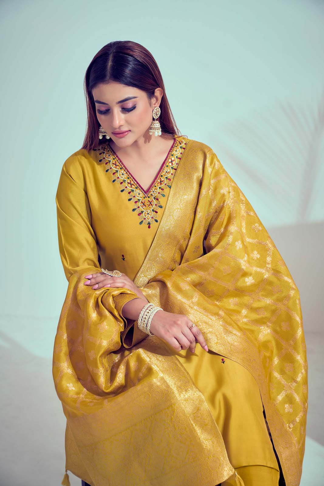 Label Khoj Women Roman Silk Kurta ,trouser and dupptta set